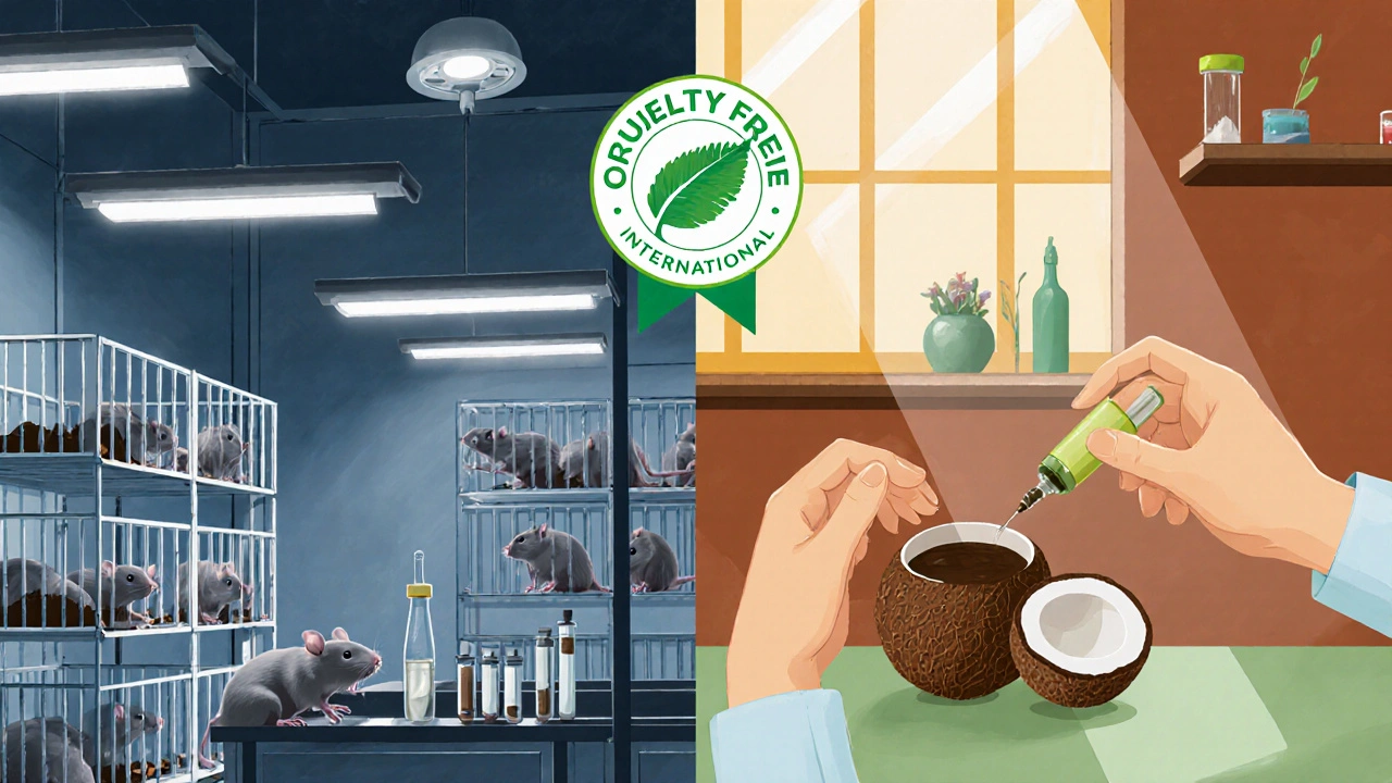 Dvě části: zvířata v laboratoři vs. člověk používající přírodní skrub v domácím prostředí.