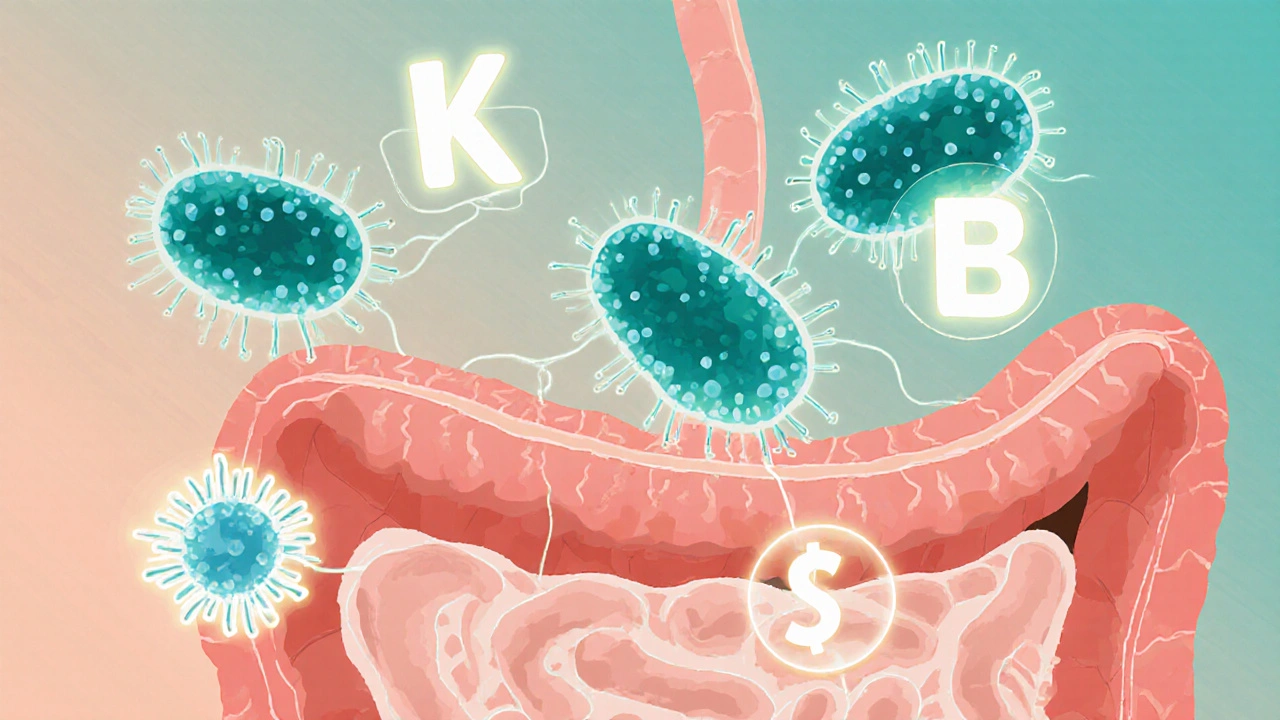 Ilustrace střevní mikroflóry s bakteriemi a vitamíny.