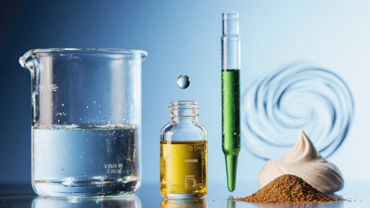 Makro scéna laboratorních nádob s vodou, olejem, vitamínem E a rostlinným extraktem.