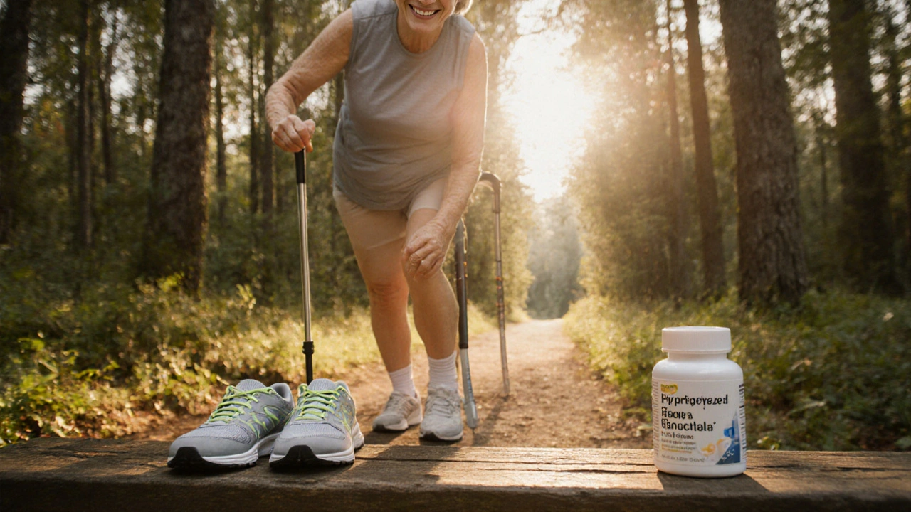 Pacient se klidně prochází po lesní cestě po léčbě kolena.