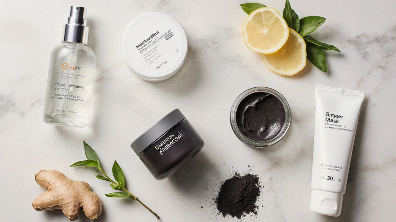 Pohled z vrchu na uspořádané produkty pro domácí péči: BHA gel, niacinamidový toner, aktivní uhlí a zázvorový sprej.