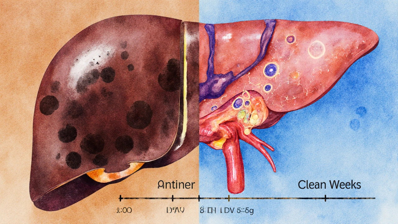 Porovnání poškozené a obnovené játry v průběhu týdnů.