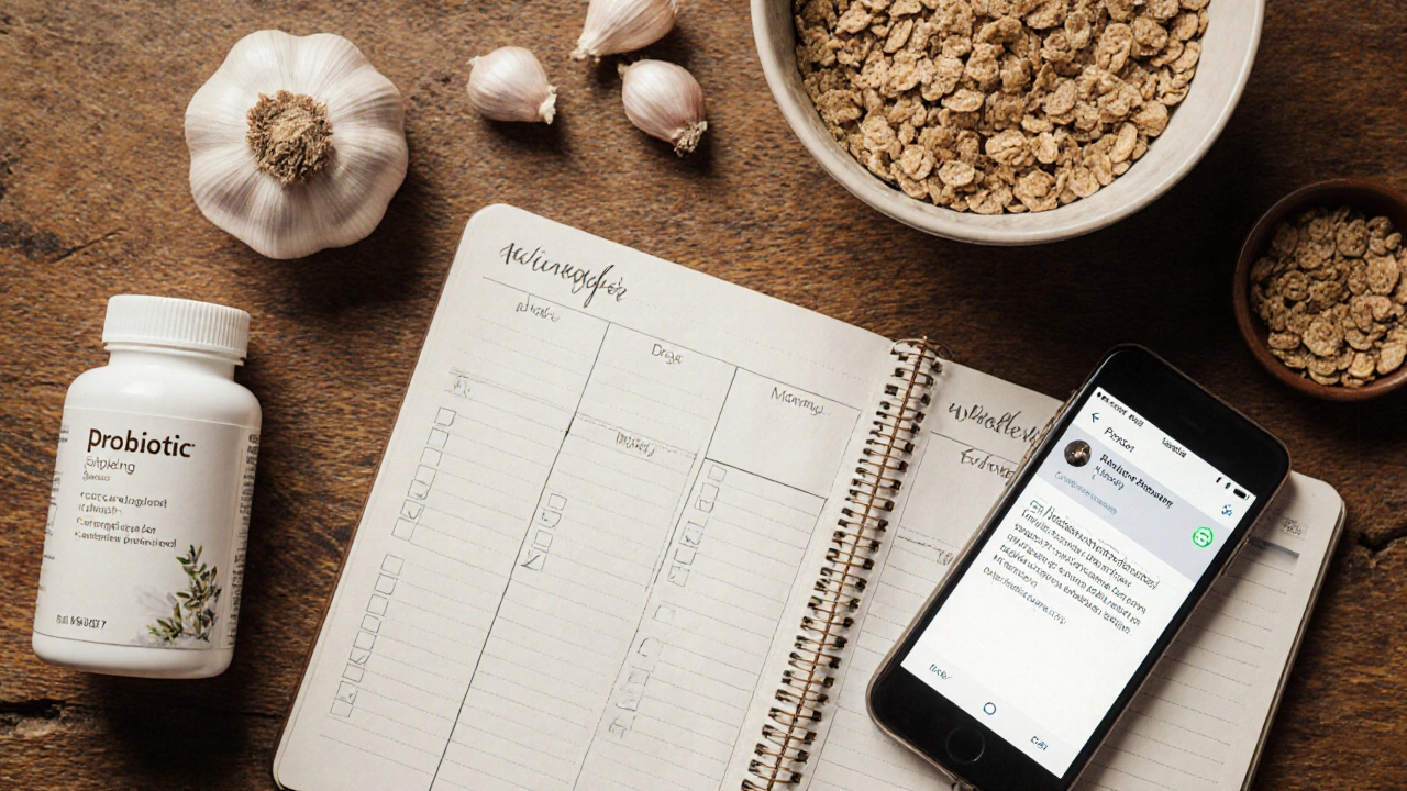Přehledný flat lay: plánovač, probiotika, česnek, celozrnná kaše a smartphone s připomínkou.