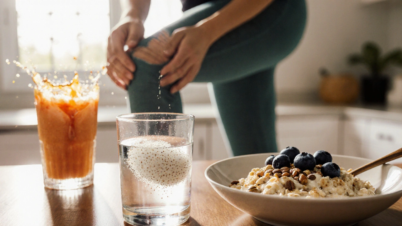 Ranní rituál: sklenice vody s rozpuštěným kolagenem, ovesná kaše, borůvky a lehké protahování.