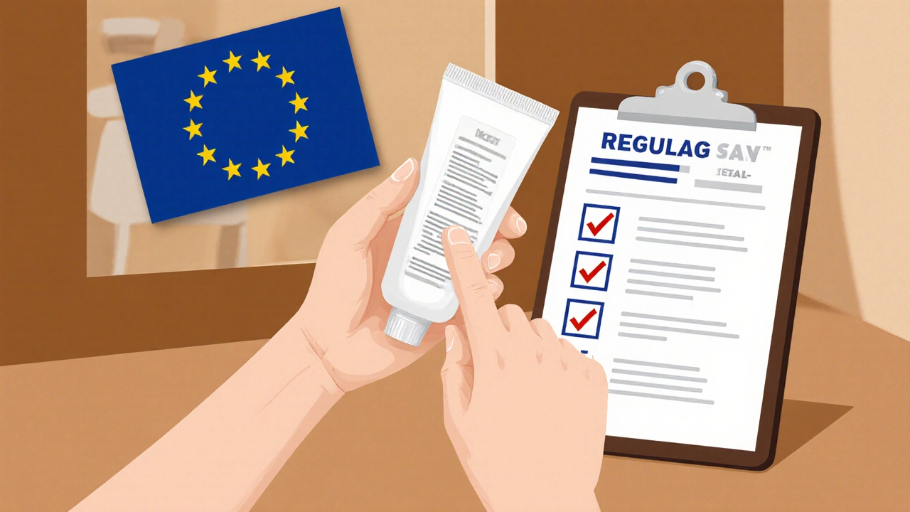 Spotřebitel kontroluje krém na lince s EU symboly v pozadí, vyzařuje důvěru.