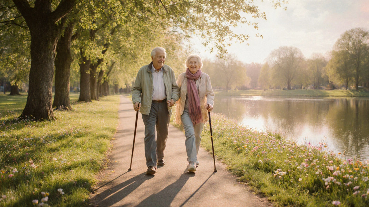 Starší pár radostně prochází slunečným parkem, ukazující zlepšenou pohyblivost.
