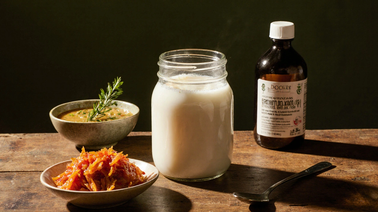 Stolní nastavení s kefírem, kimchi, miso polévkou a probiotiky.