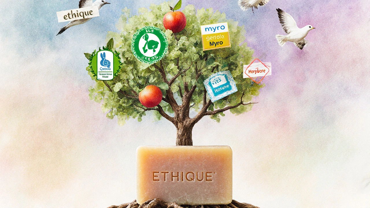 Strom rostoucí z tělového mýdla s certifikačními logy, větve s označenými značkami etické kosmetiky.