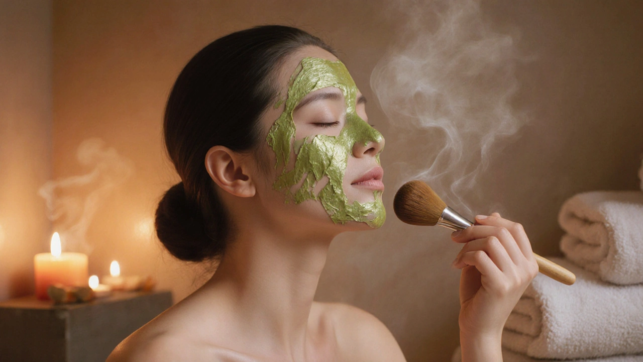Žena si vkládá masku na tvář v klidném spa prostředí.