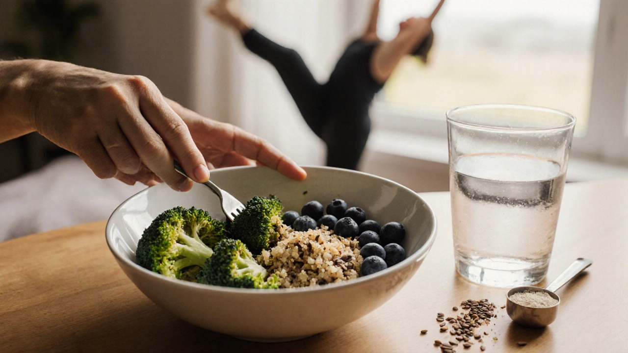 Barvy na talíři: zelenina, ovoce a semínka připravené pro podporu zdraví kloubů.