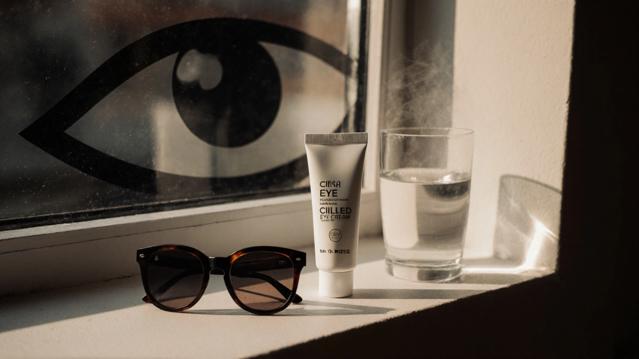 Chladný oční krém, sluneční brýle a sklenice vody na ranním světle.
