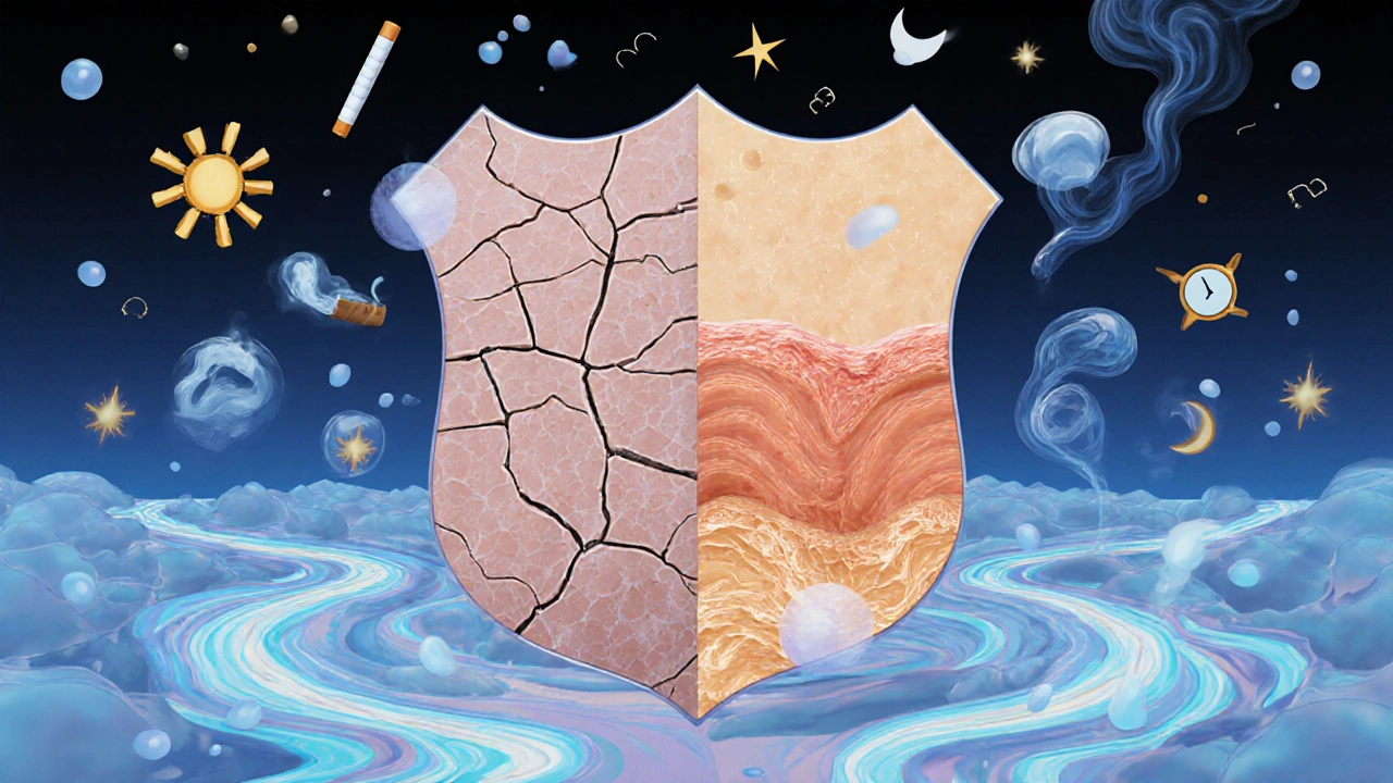 Contrast between healthy and damaged skin surrounded by symbols of environmental stressors.