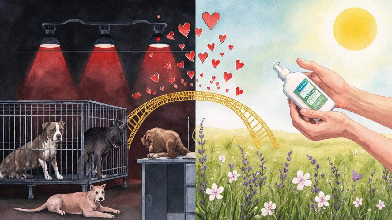 Dvě části světa: laboratoř s zvířaty a přírodní pole s aplikací krému, propojené srdci.