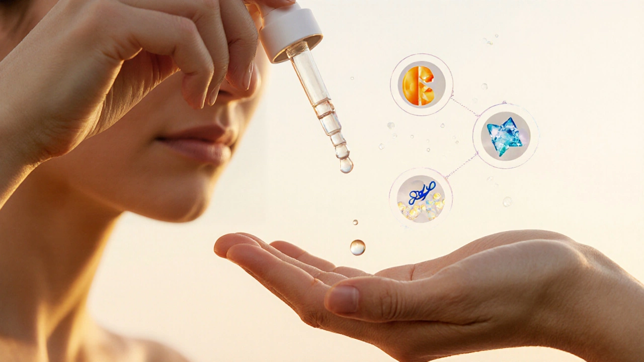 Dvě kapky séra na dlani s plavajícími ikonami účinných látek a zářivou pokožkou na pozadí.