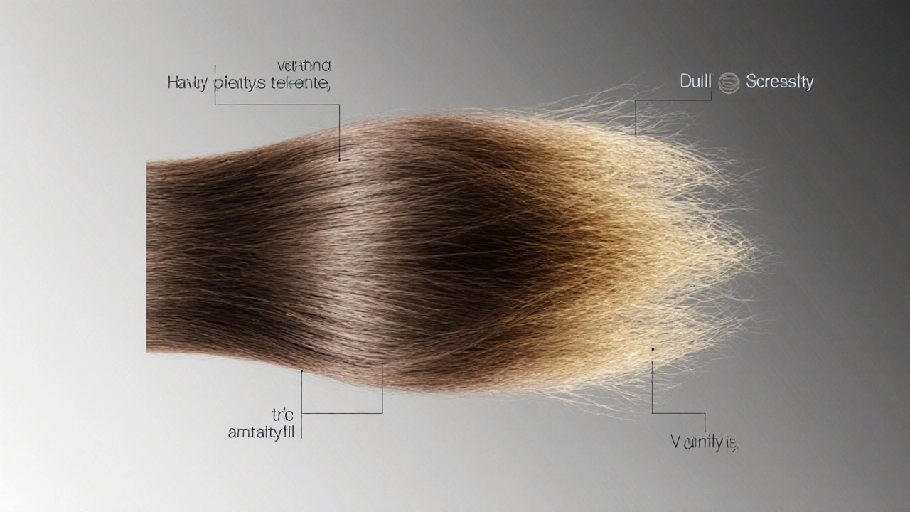 Dvě verze vlasu: jedna zatížená, druhá objemná, symbolizující správnou a špatnou péči.