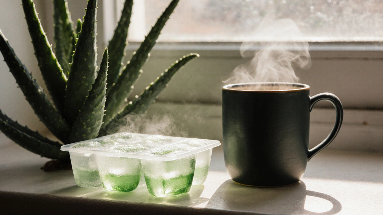 Formička s kostkami gelu z aloe vera na okně vedle zdravé rostliny a teplého kávového šálku.