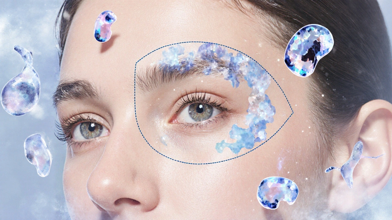 Ilustrace správné oblasti aplikace očního krému kolem očí s vyznačenými hranicemi.