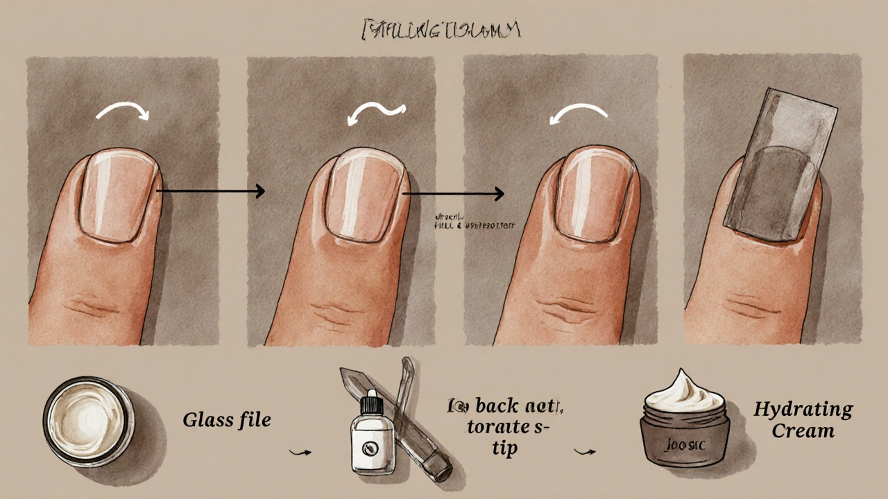 Ilustrace správného pilování nehtů jedním směrem s nástroji pro péči.