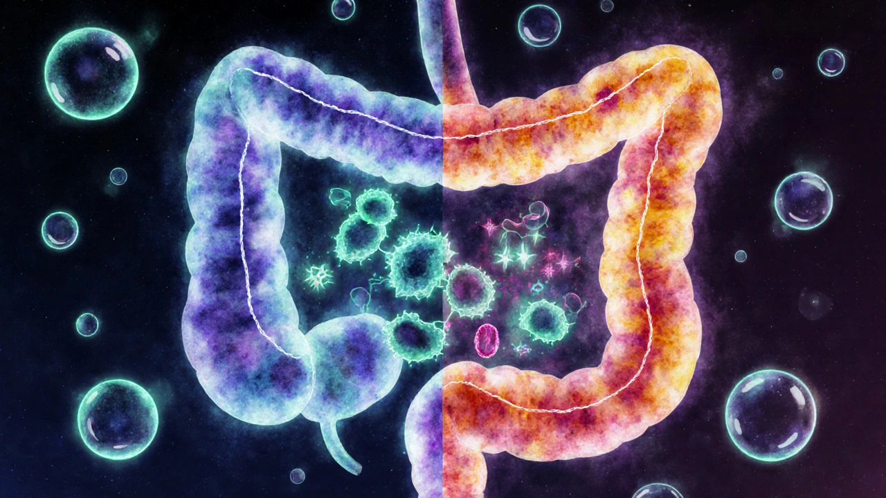 Ilustrace střeva s bakteriemi přeměňujícími vitamín D na aktivní formu.