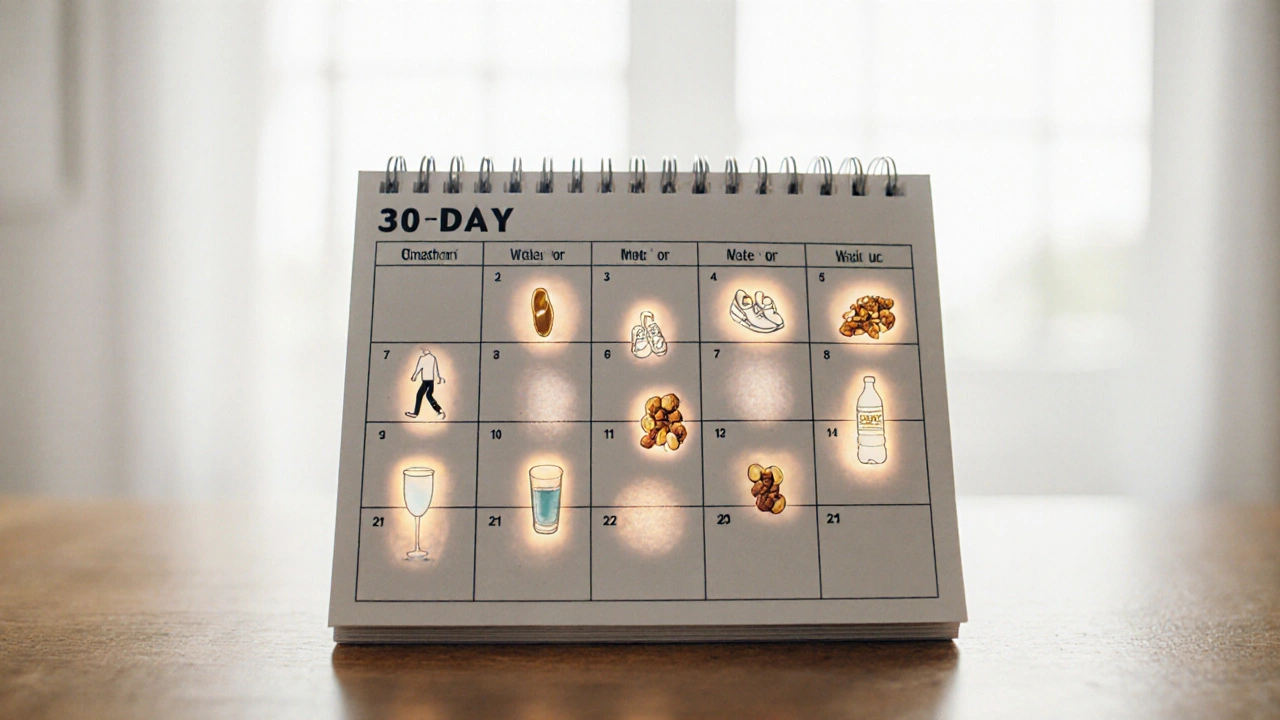 Kalendář 30 dní s ikonami kolagenu, chůze, ořechů a vody, symbolizující postupné zlepšení kloubů bez léků.