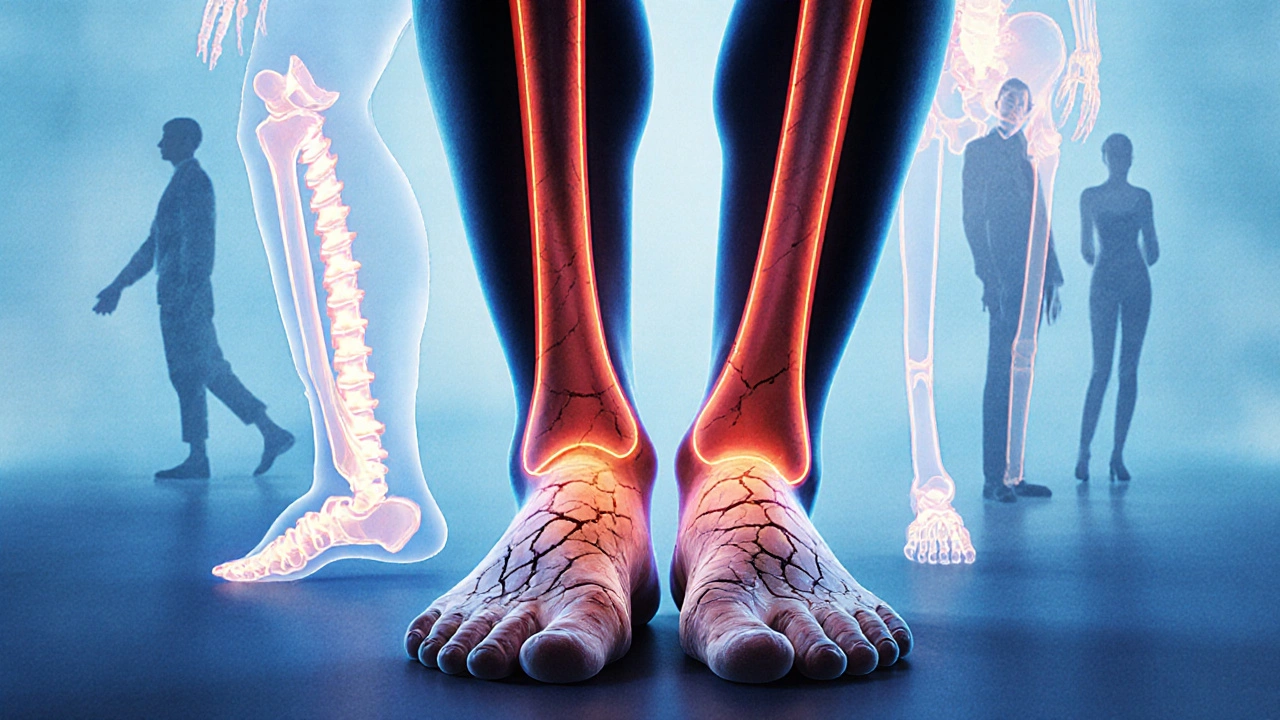 Koncepční obrázek ukazující, jak tvrdé paty ovlivňují celé tělo.