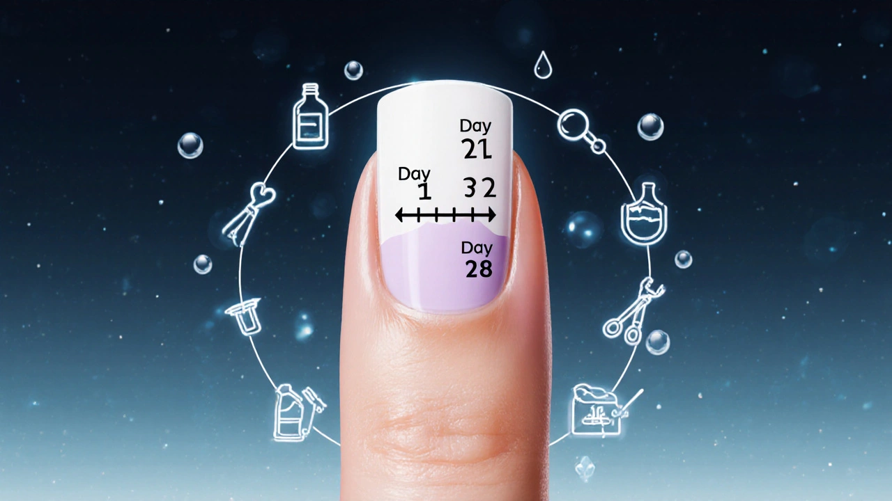 Konceptuální znázornění životního cyklu manikúry na nehtu s časovou osou a symboly péče.