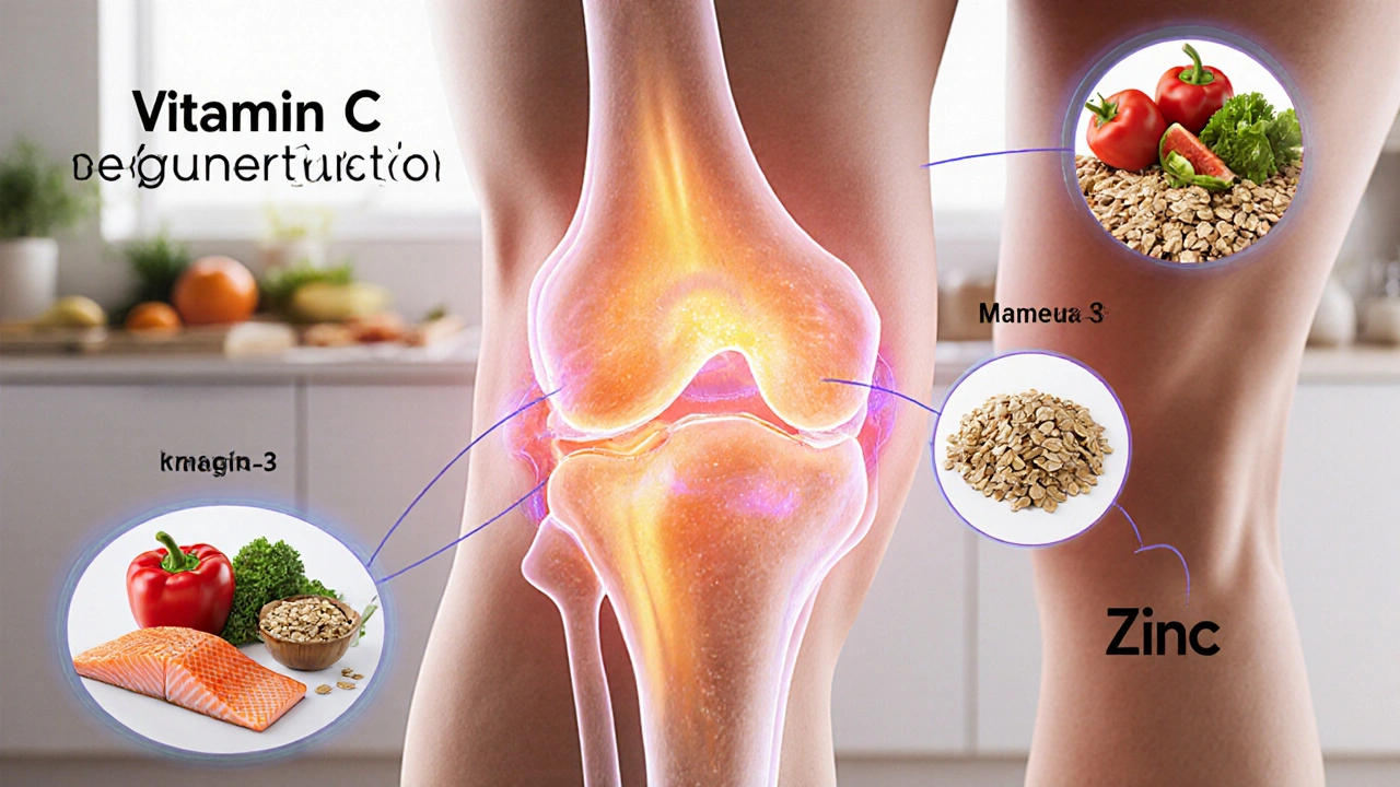 Křížový řez kolenního kloubu s regenerující chrupavkou a výživovými látkami: paprika, losos, oves a celozrnné výrobky.