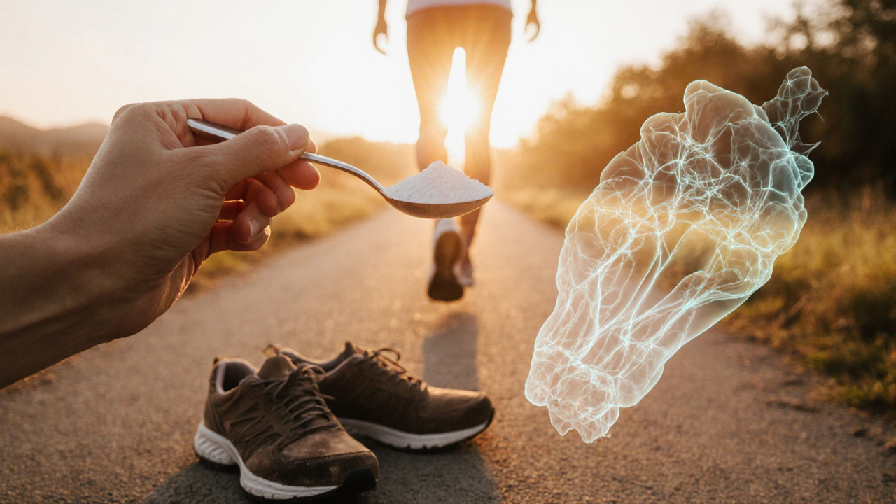 Lžíce kolagenu vedle obuvi a cesty na východě slunce, symbolizující obnovu kloubů.