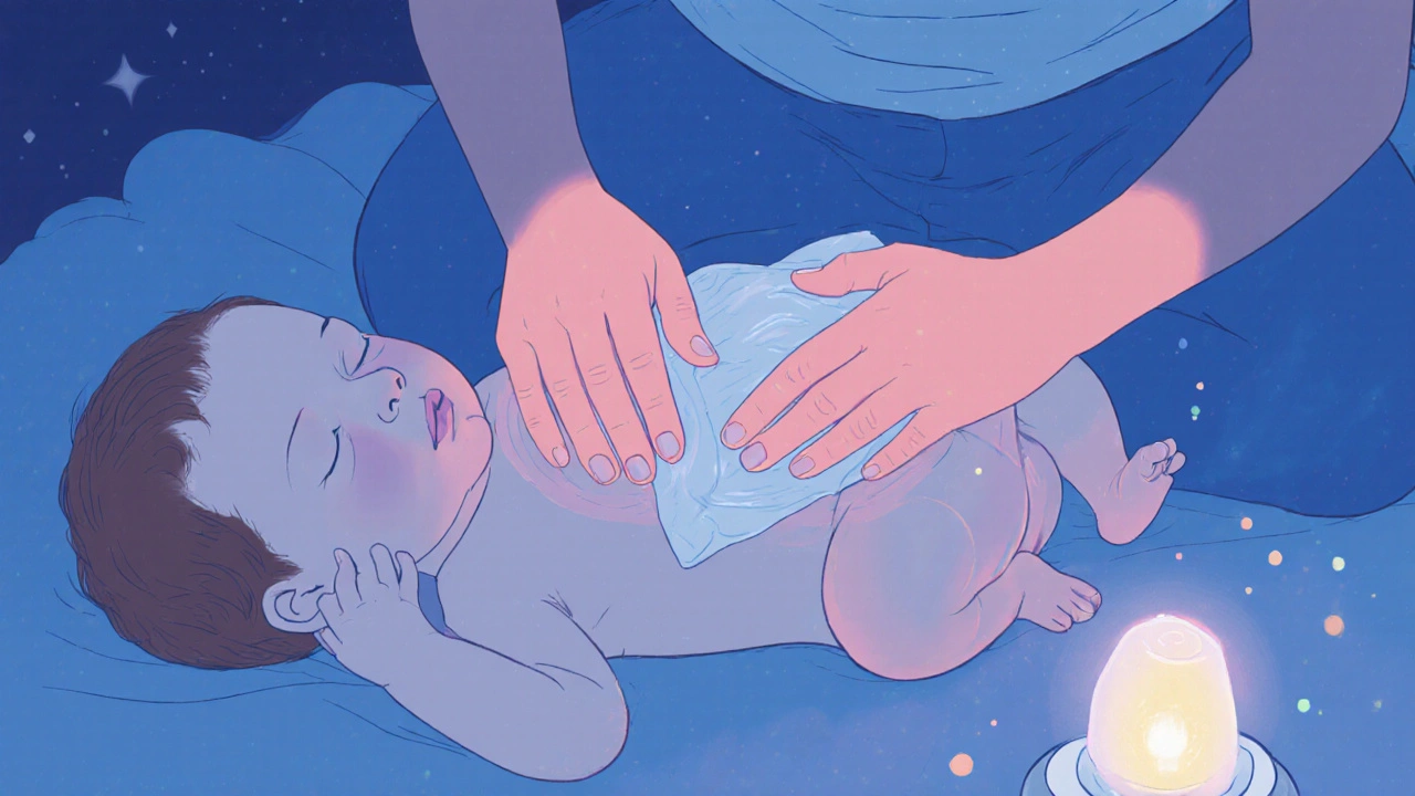 Matka masíruje bříško novorozence jemnými kruhovými pohyby.