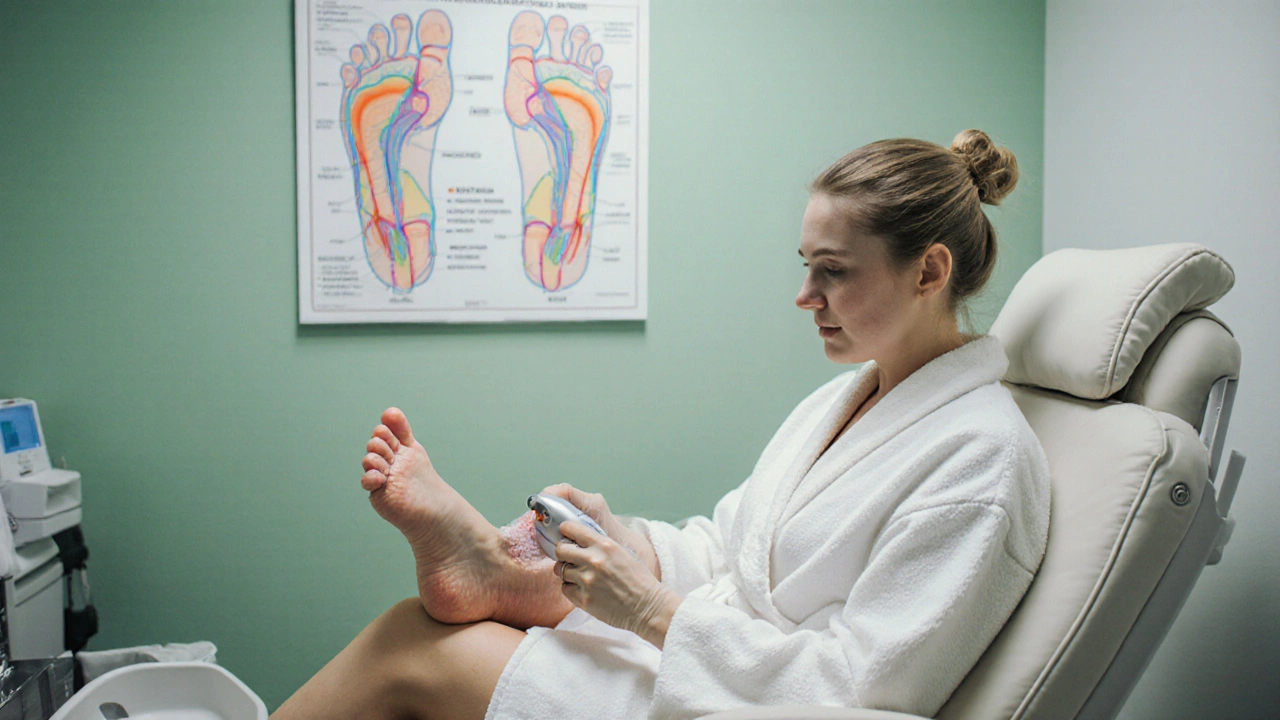 Odborník na pedikúru odstraňuje ztuhlou kůži z paty v klinice v Brně.