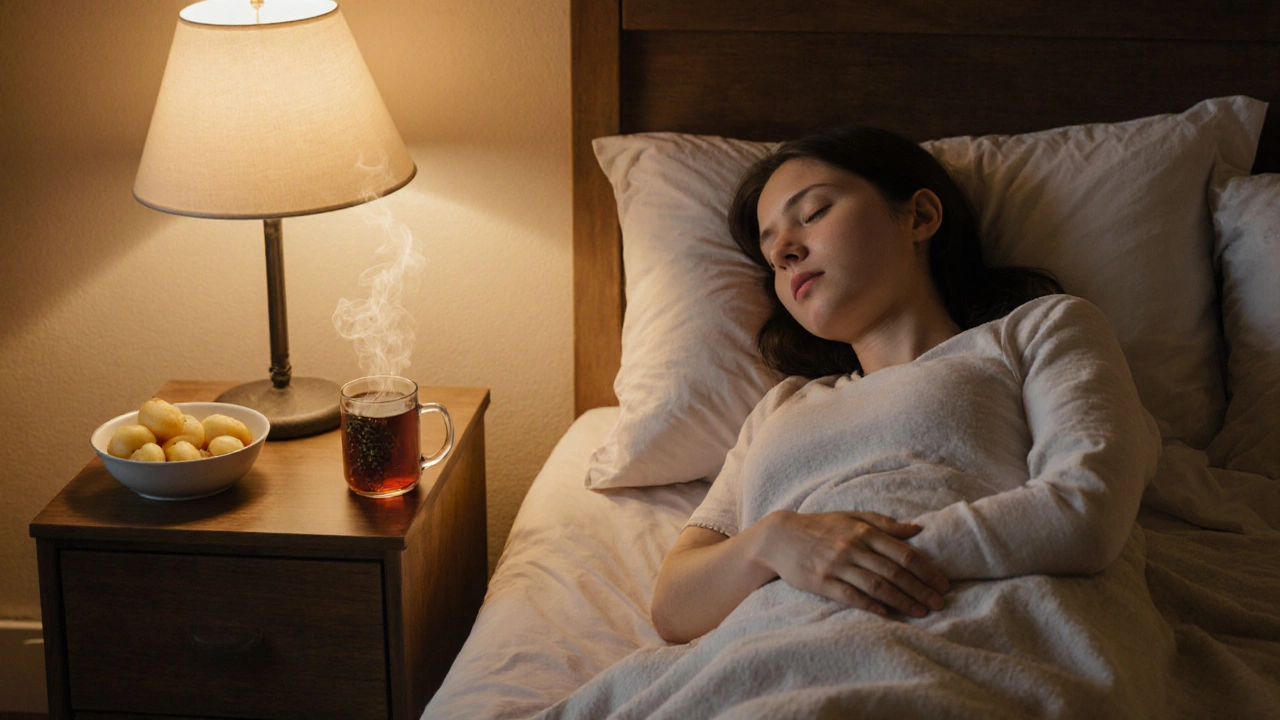 Osoba ležící na pravém boku v klidu s čajem a vařenými bramborami vedle sebe.