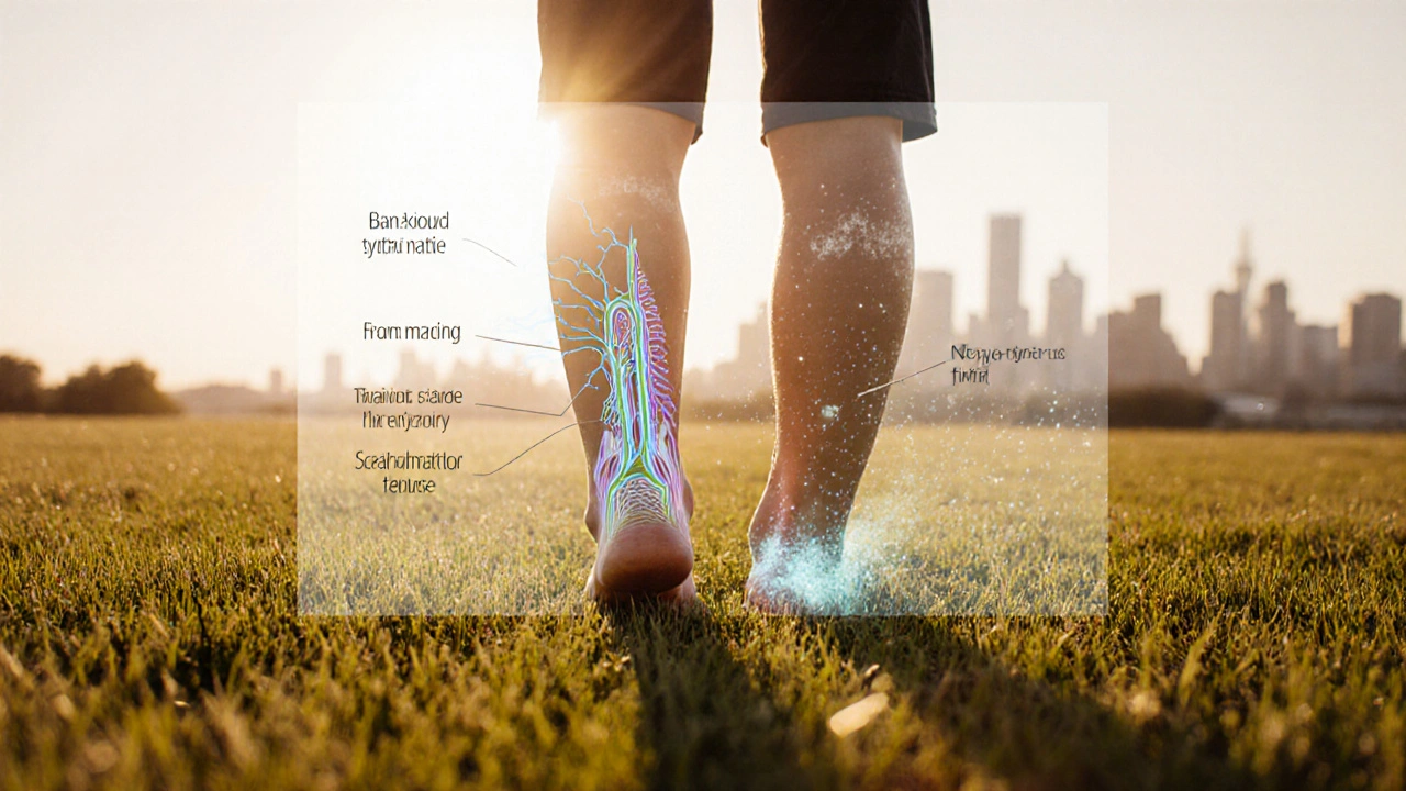 Person standing in sunlight with invisible internal skin functions visible as translucent overlays.
