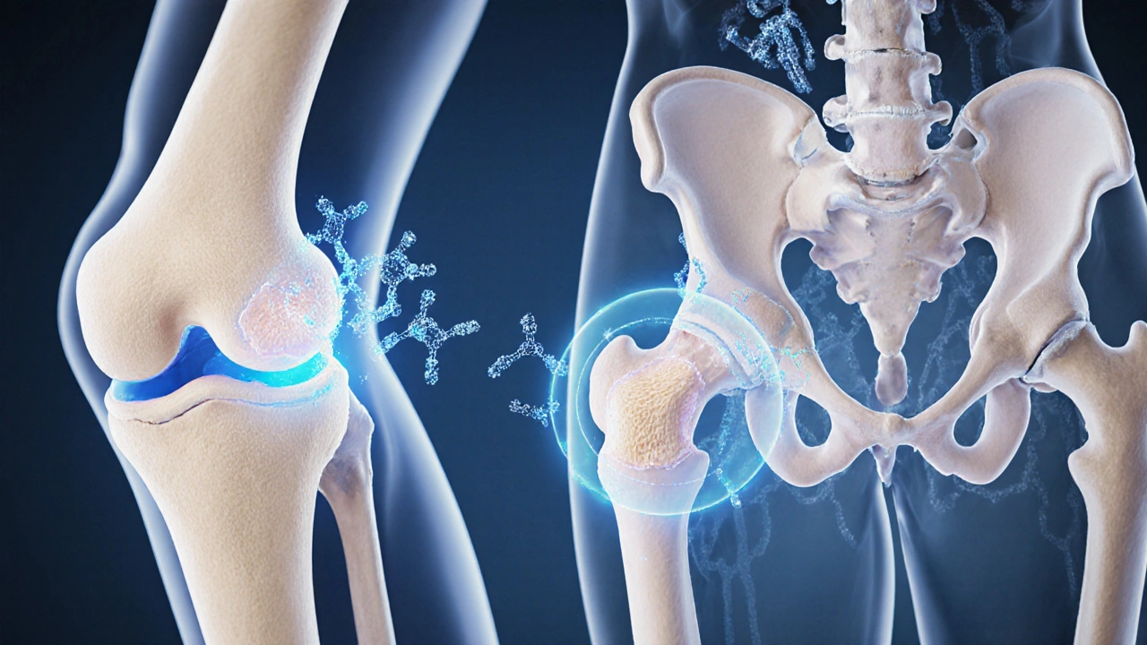 Porovnání zdravé a opotřebované chrupavky v kloubu s molekulami kolagenu typu II provádějícími obnovu.