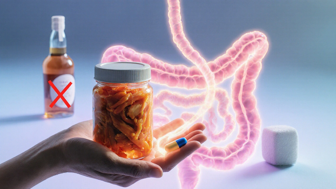 Probiotikum a kyselé zelí jako podpora střevní mikroflóry, s vyloučením alkoholu a cukru.