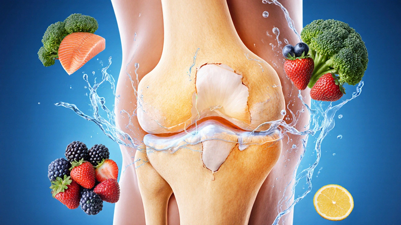 Průřez kloubu s regenerující chrupavkou a potravinami bohatými na omega-3 a antioxidanty.