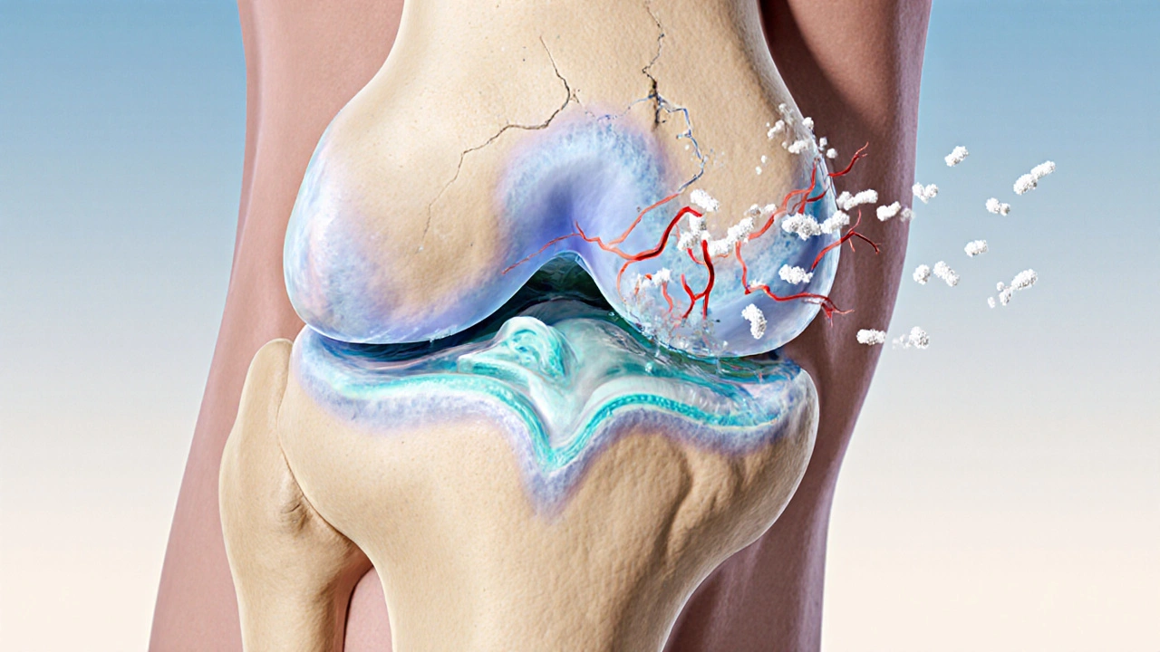Průřez kloubu s viditelným rozdílem mezi zdravou a poškozenou chrupavkou.