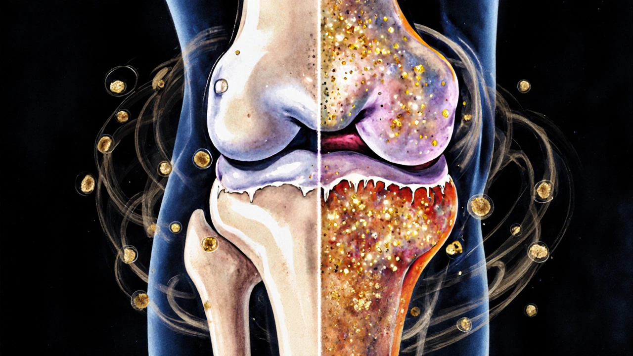 Průřez kolenním kloubem: zdravá chrupavka vs. poškozená s kolagenovými peptidy a vitamínem C jako zářícími částicemi.