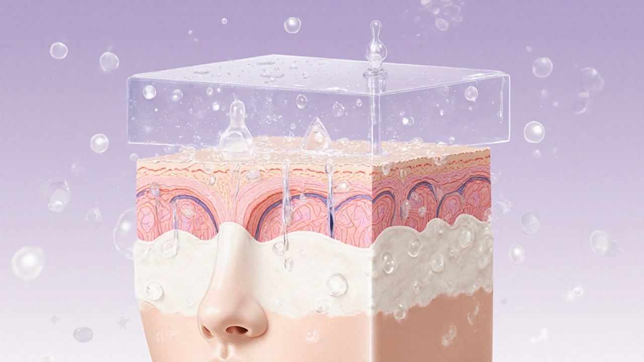 Průřez kůže ukazující, jak sérum proniká do hlubších vrstev, následované krémem jako uzávěrem.