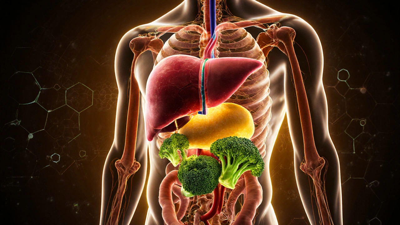 Průřez těla ukazující, jak zelenina podporuje spalování tuku na břiše