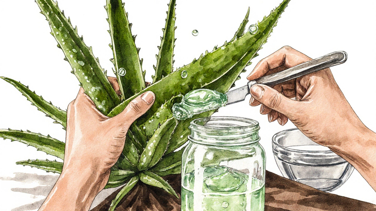 Ruce odstraňují čistý gel z listu aloe vera do skleněné nádoby, na pozadí nůž a voda.