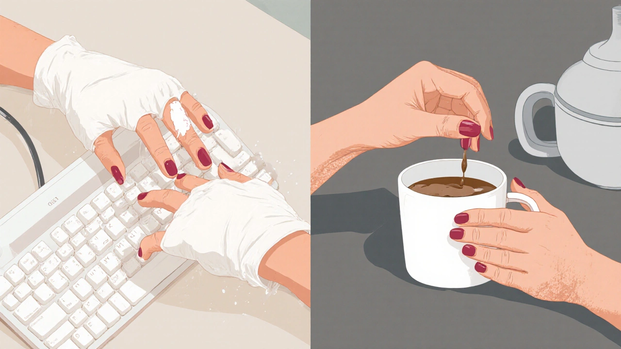 Ruce provádějící každodenní činnosti s porovnáním trvanlivosti různých typů manikúry.