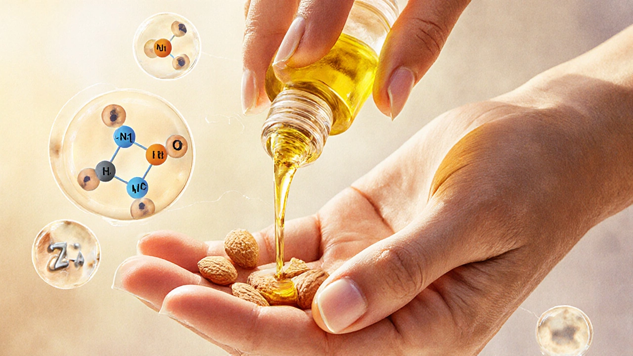 Ruka masírující olej do kůžiček, s mikroskopickými živinami proudícími do nehtu.