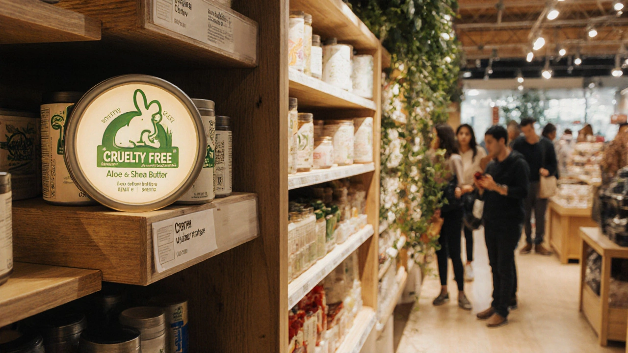 Tělové krémy s certifikací Leaping Bunny na regálech v obchodě, přírodní složky a zákazníci.