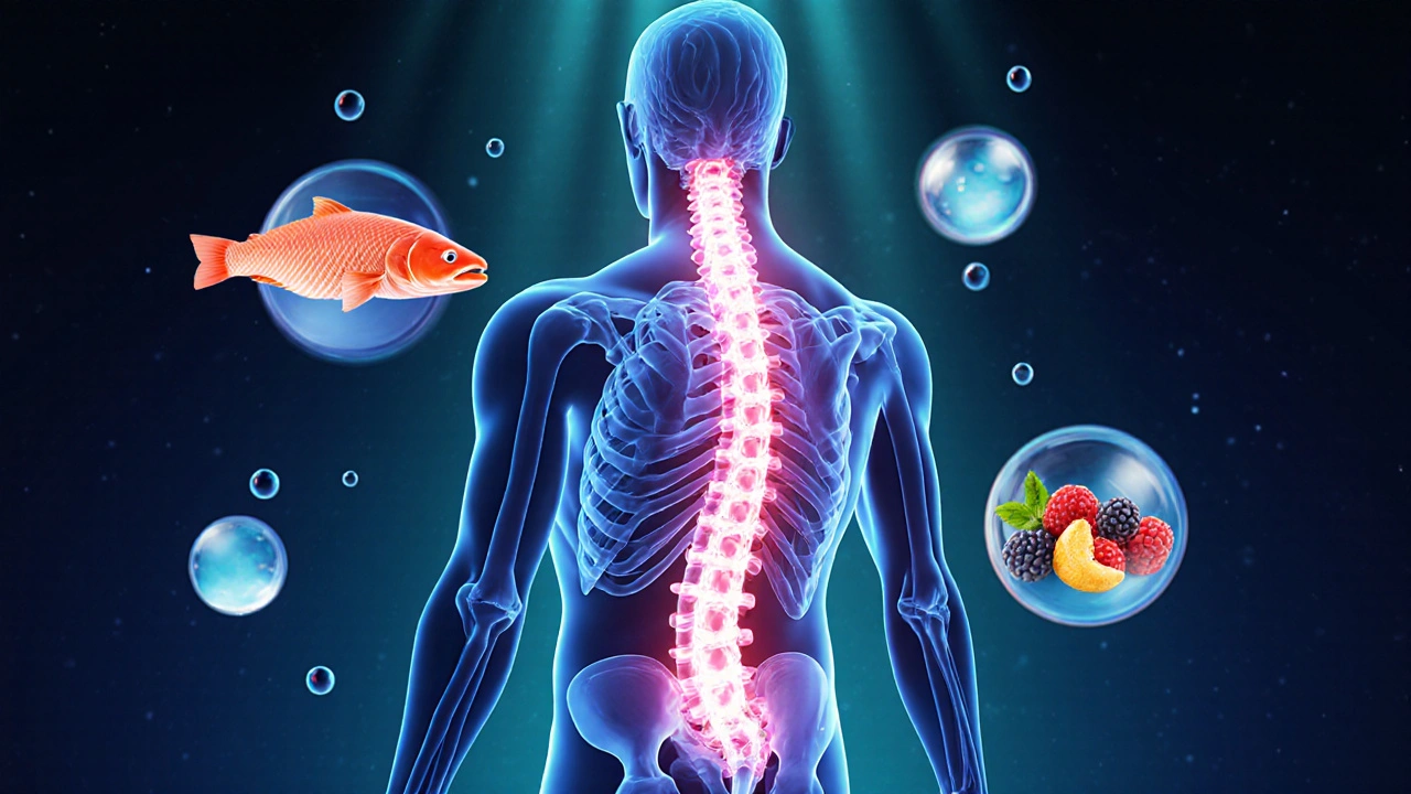 Translucenční lidský silueta s zářícími vlákny kolagenu v těle