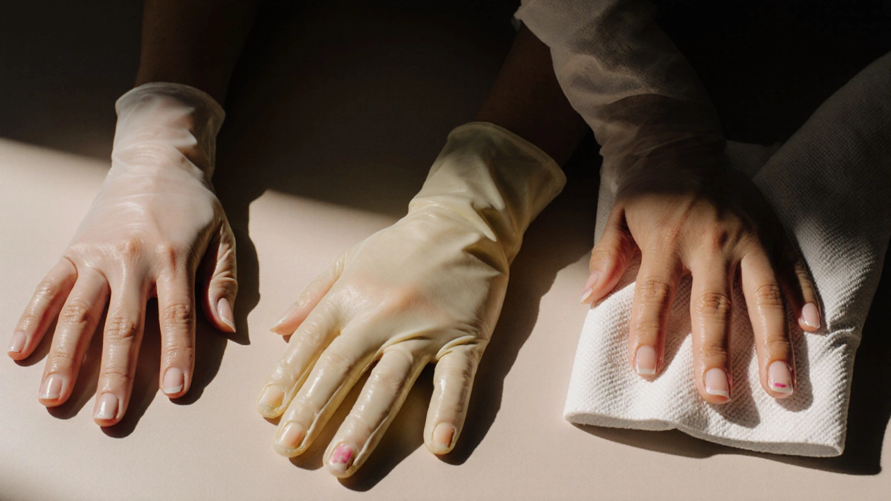 Tři fáze týdenní péče o nehty: olejování, rukavice a noční krém s papírovým obalením.