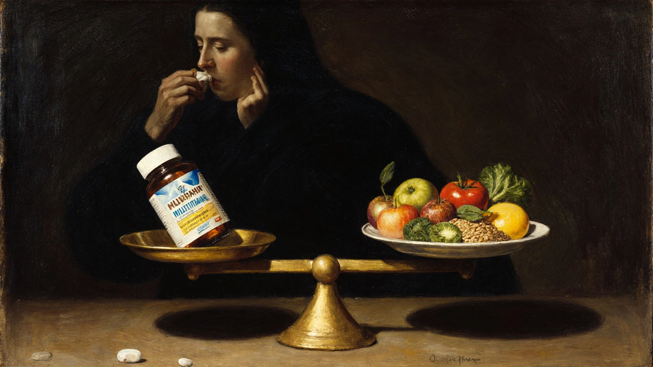 Váha balancuje mezi multivitamínem a zdravými potravinami, stínová postava jedí nezdravě při užívání doplňku.