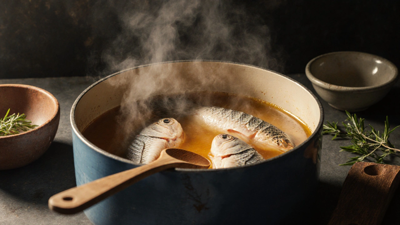 Vařící rybí vývar s hlavami a ocasy ryb v hrnci