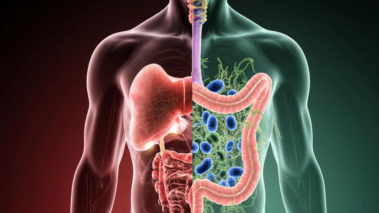 Vnitřní zobrazení játry a střev během detoxikace po hormonální pilulce, s mikroby a vlákninou.