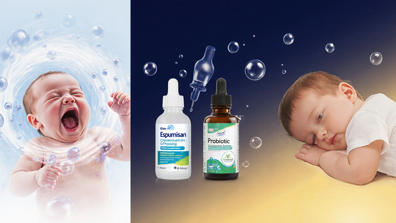 Vývojová scéna: pláčící novorozenc → léky → klidný dítě ve 4 měsících.