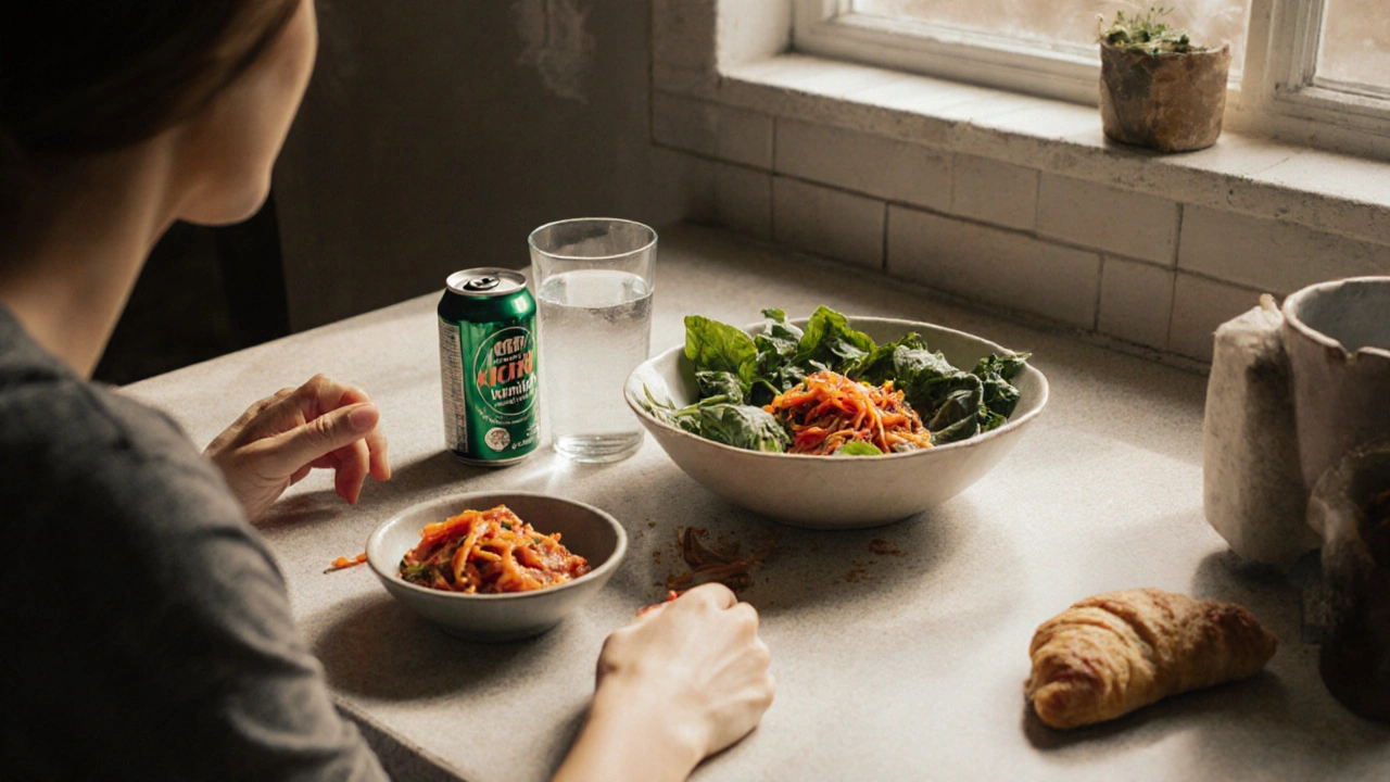 Zdravá strava po antibiotikách: voda, zelenina a kyselé zelí vedle odstraněného sladkého nápoje.